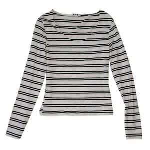 Three Dots Top Womens Size Small Black White Striped Scoop Neck Long Sleeve‎ Tee